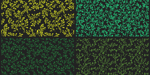  Vibrant foliage pattern set featuring dense botanical textures. Colorful leaf silhouettes create rich decorative surfaces. Seamless nature designs ideal for modern backgrounds.