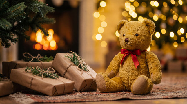 Cozy teddy bear beside rustic gifts by a warm fireplace. Use for holiday retail marketing, gift guides, seasonal advertising and family themed promotions.