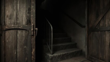 Dimly lit interior, aged wooden doors reveal stairs into darkness, rustic feel