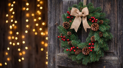 Classic evergreen wreath with red berries and pinecones on a rustic door. Use for home decor marketing, holiday retail displays, seasonal invitations and winter lifestyle promotions.