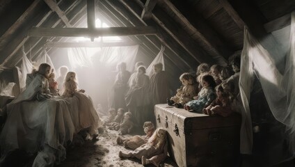Dimly lit attic with dolls, figures, and sunlight streaming through a window. A haunting scene