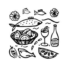 Seafood citrus wine doodle, fresh meal elements line art