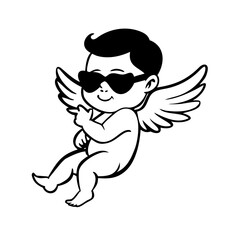 Cartoon baby angel with shades pointing finger vector