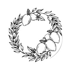 Lemon fruit and leaf wreath botanical line art design