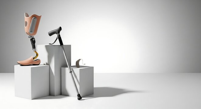 Assistive technology for independent living offers mobility and hearing solutions for accessible lifestyle and inclusive design with modern prosthetic leg - Powered by Adobe