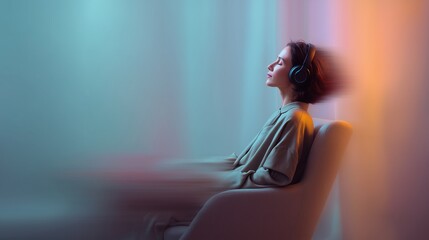 A woman sits in a comfortable chair, fully absorbed in listening to soothing music through her headphones. The ambient light enhances her relaxation, creating a peaceful atmosphere