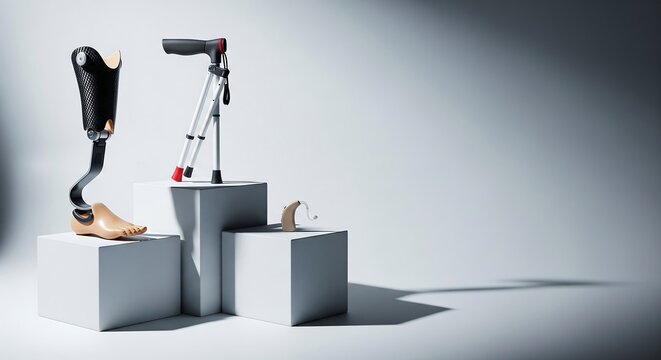 Discover innovative assistive technology including a prosthetic limb, hearing aid, and walking stick for enhanced independence and quality of life