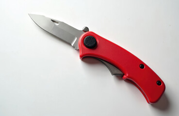 Red folding pocket knife with sharp steel blade on white background. Versatile utility tool for everyday carry, hiking camping. Jackknife represents self-defense, danger criminal attack. Survival