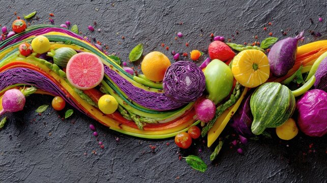 Vibrant raw produce forming a colorful wave on slate