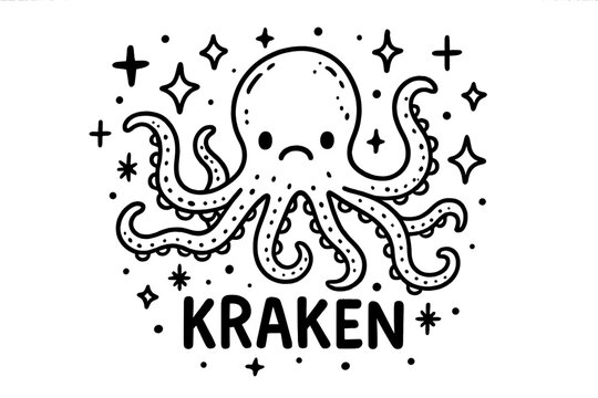 Doodle Kraken Magic. Doodle kraken with stars, tentacles, and sparkles, center word &ldquo;Kraken&rdquo; in black and white isolated