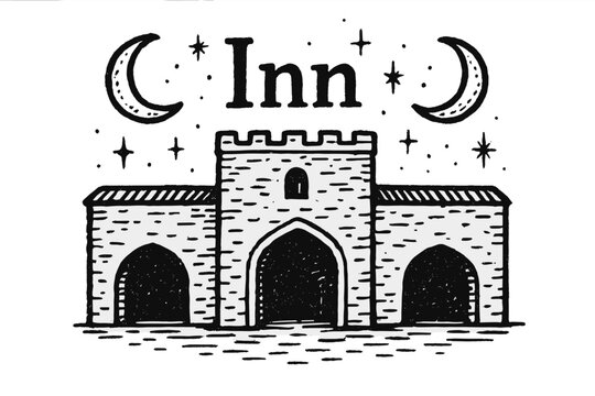 Caravanserai Sketch Design. Hand-drawn caravanserai with moons, arches, and sparkles, center word &ldquo;Inn&rdquo; in black and white