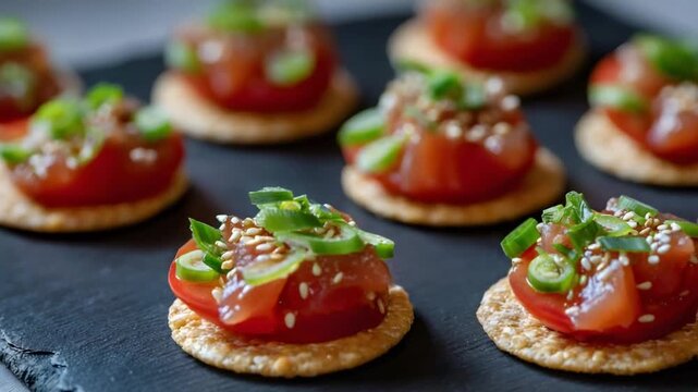 Several tuna tartare canap s with sesame seeds and green onion garnish on crackers
