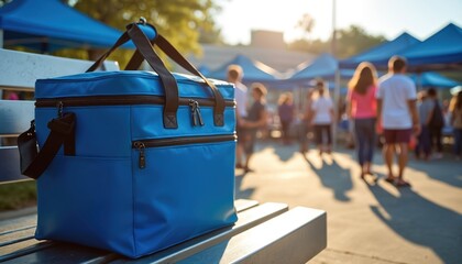 Blue cooler bag rests on bench at outdoor event. People gather under tents, enjoying sunny day. Portable thermal bag keeps food and drinks cold for tailgating or picnics. It is ready for outdoor fun.
