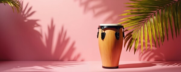 Studio shot of conga drum against pink background. Tropical palm leaves add a natural element creating shadows. Music percussion instrument with wood texture. Summer vibes colors.