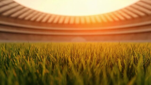 Close up of lush green stadium grass with blurred arena seating structure and bright sunrise light