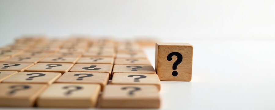 Wooden cubes with question marks on white background. Many unanswered questions or problems arise. Finding answers and solutions is a challenge. Strategy and research needed for complex issues.
