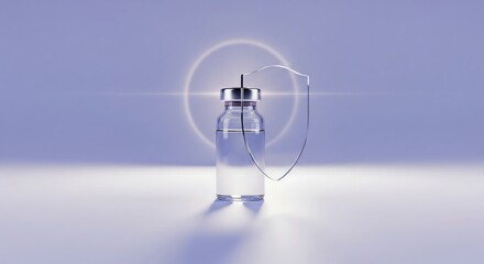 Modern vaccine vial protected by clear shield against a futuristic backdrop, symbolizing health and safety in a contemporary healthcare setting