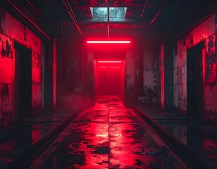 A red-lit, grungy corridor stretches into the darkness, its tiled floor reflecting the ominous glow above