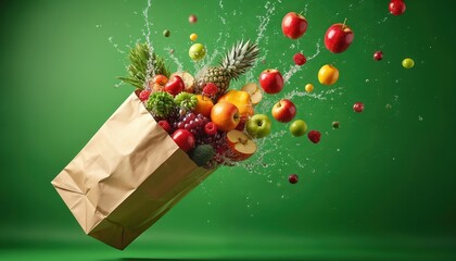 Paper bag spills assorted fresh fruits, vegetables in mid-air. Healthy food items levitate, nutrition, shopping. Water splashes add dynamic motion against green backdrop, perfect for vibrant ads,