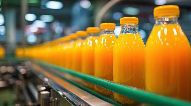Orange juice bottles moving on factory conveyor belt