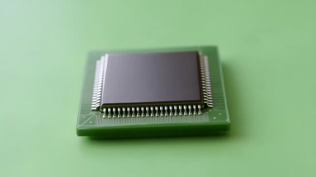 A close up view of a green printed circuit board component with a dark square integrated circuit chip