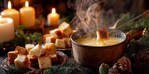 Melting cheese fondue in a rustic pot with bread cubes on skewers steams beside holiday candles and pine branches.