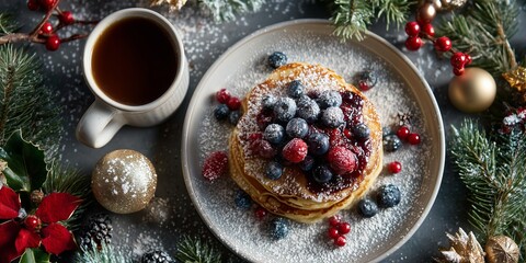 Obraz premium Overhead view of holiday breakfast table with pancakes topped with berries and powdered sugar beside coffee, garland and ornaments.