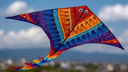 A vibrant kite with striking colors and bold patterns dances against the sky, a symbol of joy and freedom during a fair weather day. This kite features eyes and a fish like design