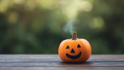 Small smiling carved pumpkin sits on wooden planks with steam rising against a blurred green background - Powered by Adobe