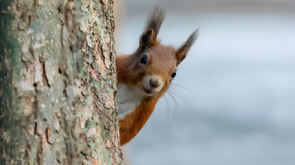 Curious red squirrel peeking from behind tree trunk