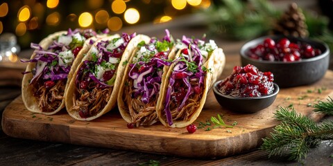 Small tacos filled with shredded turkey, red cabbage, and cranberry salsa sit on a rustic board under soft festive bokeh.