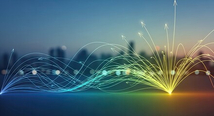 Dynamic glowing lines illustrate seamless data flow and global network connections across a blurred cityscape, perfect for modern digital concepts.