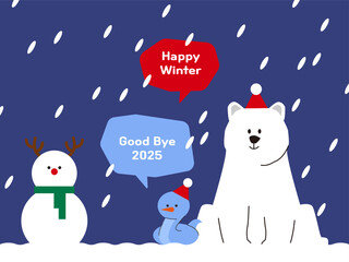 Fototapeta premium 굿바이 2025 해피 윈터 북극곰 눈사람 연말 새해 인사 -&nbsp;Good Bye 2025 Happy Winter Polar Bear Snowman New Year Greeting