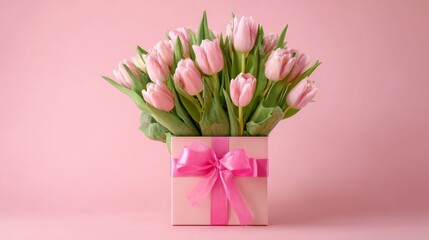 Obraz premium A bouquet of pink tulips arranged in a light pink gift box with a ribbon. The background is a soft pink color, creating a cheerful atmosphere.