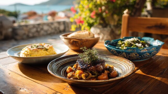 Grilled steak with side dishes on a wooden outdoor table