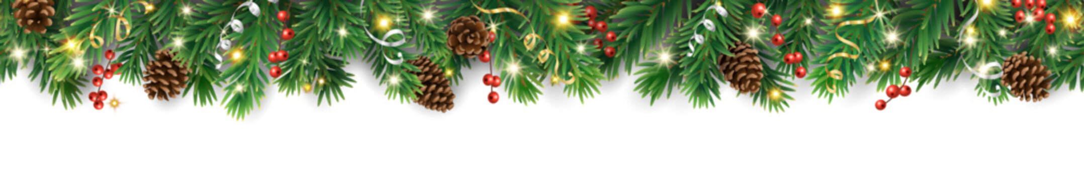 Seamless Christmas tree garland border with pine cones, ribbons, and holly berries. Glowing festive decoration for winter holidays. Transparent background in vector file.