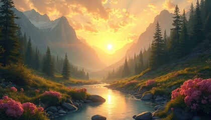 Majestic mountain valley sunrise with sun rays beaming through clouds over pine forest and river. Pink wildflowers bloom on grassy slopes near water edge. Idyllic wilderness landscape.