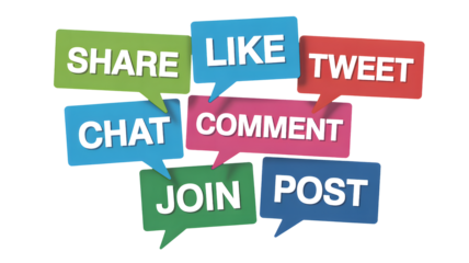 Speech bubbles show actions like share, like, chat, and post.