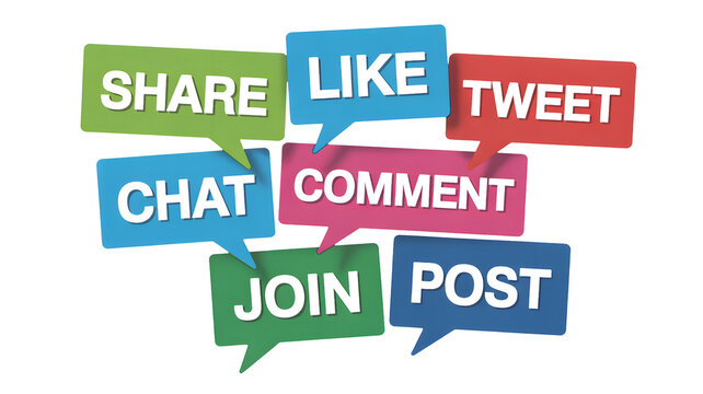 Speech bubbles show actions like share, like, chat, and post.