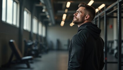 Muscular man stands in modern gym, looking up thoughtfully. He wears a black hoodie, preparing for intense workout. Fitness equipment blurred in background.