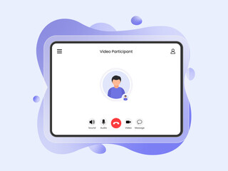 Gradient shape light Glassmorphism board Video call screen with liquid glass frame. Messenger app call interface with mockup for web and tablet or pad. Sound, mic, video and message icons and avatar. 