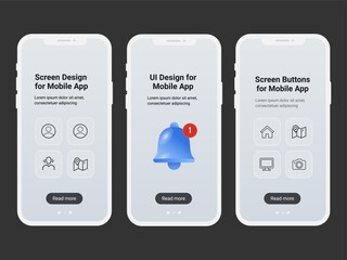 Modern smartphone UI mockup. Mobile UI/UX mockup for presentation template. Cellphone frame with icons display isolated templates, phone different angles views. 3d cell phone vector illustration.