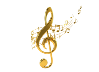 Golden treble clef with musical notes isolated on transparent background