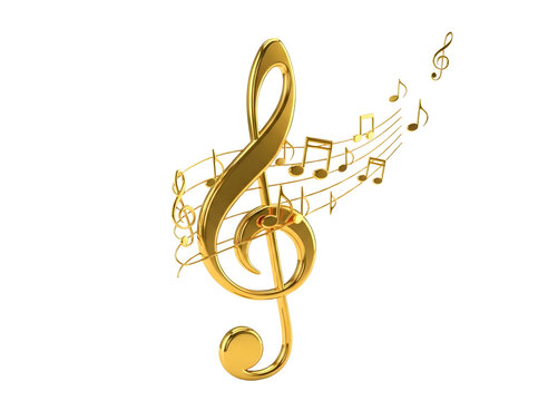 Golden treble clef with musical notes isolated on transparent background