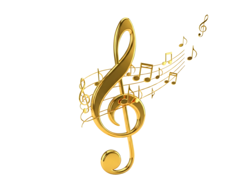Golden treble clef with musical notes isolated on transparent background