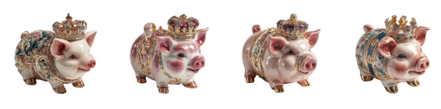 Four charming decorative pig figurines, each adorned with a golden crown and intricate patterns, isolated on white isolated on transparent background
