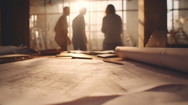 Three professionals, a man and two women, discuss building plans in a sunlit office setting while observing detailed blueprints on the table. The bright atmosphere supports their c