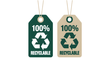 Two tags show the recycling symbol and state 100 percent recyclable.