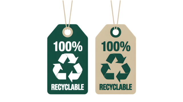 Two tags show the recycling symbol and state 100 percent recyclable.