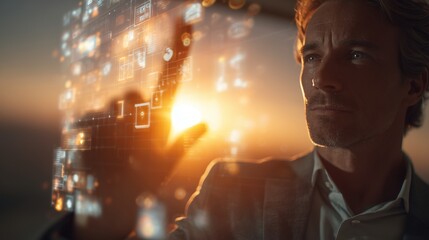 A man reaches out to interact with a glowing digital interface as the sun sets in the background. This scene illustrates the man's engagement with technology and innovation.